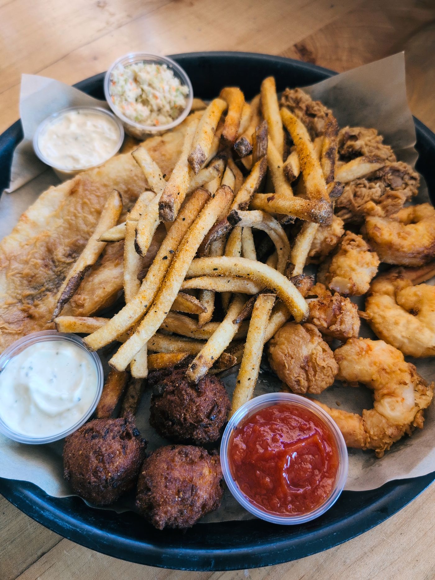 A Louisiana-style seafood and fries platter, for illustration